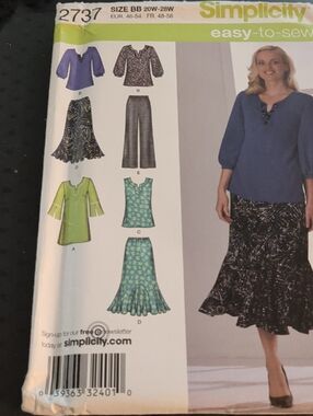 Simplicity Pattern 2737 Women's Plus Size 20W-28W Skirt Tops And Pants New Uncut